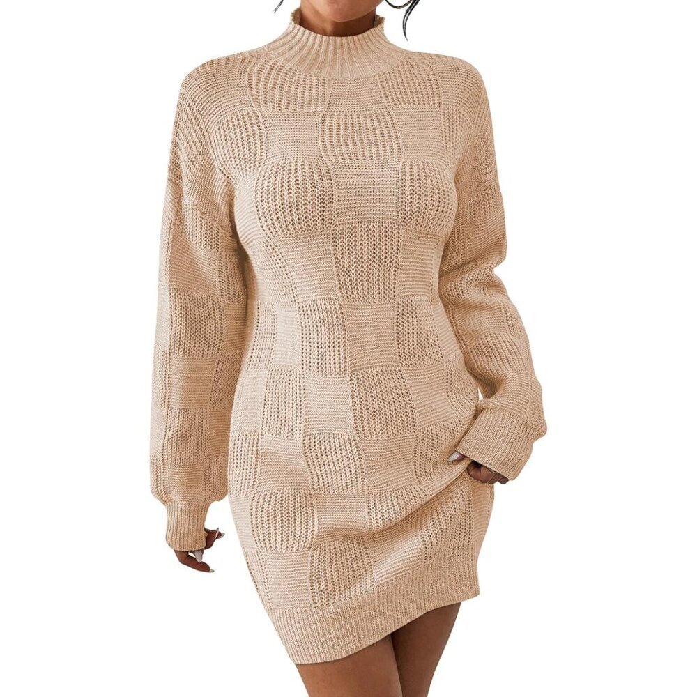 Women's Knit Plaid Mini Sweater Dress Long Sleeve Mock Neck Casual Chic